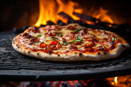 Freshly baked homemade pizza with toppings over a fiery grillの素材