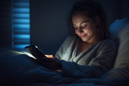 Photograph captures a woman lying in bed at night, engrossed in her phone, with the screen illuminating her faceの素材