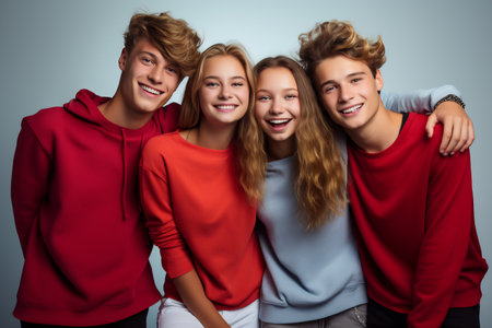 Four happy teenagers in colorful hoodies hugging and smiling.の素材
