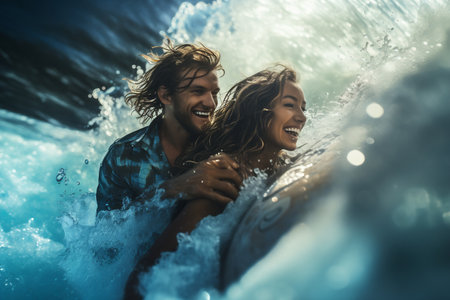 An ecstatic couple riding a surfboard, captured mid-laughter amid sparkling ocean spray.の素材