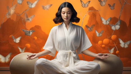 Person in meditation with butterflies and orbs at sunset.の素材