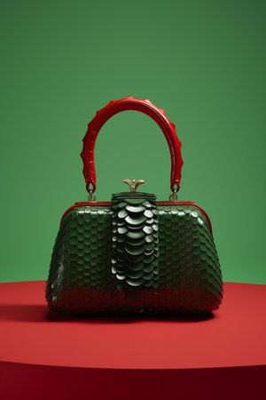 A teal textured tote bag with red handles stands out against a red curtain.の素材