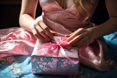Person finalizing a wrapped gift with a ribbon, accentuating a personal touch.の素材