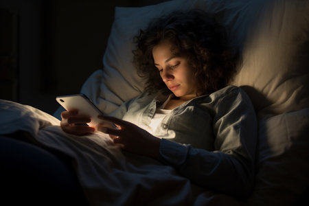 Photograph captures a woman lying in bed at night, engrossed in her phone, with the screen illuminating her faceの素材