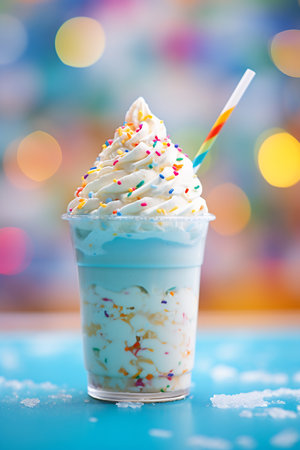A dreamy blue milkshake adorned with whipped cream and rainbow sprinkles, set against a vibrant bokeh backdropの素材