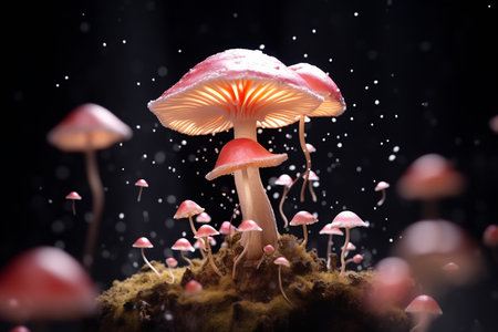 Imaginative depiction of glowing pink mushrooms in an underwater-like environment with floating particles.の素材