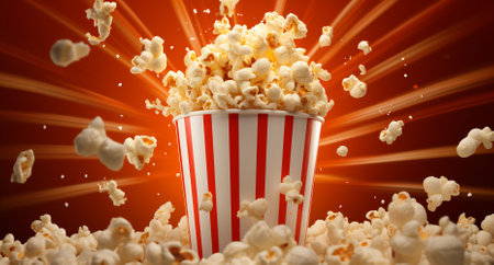 popcorn overflowing from a classic white paper bucket, set against a radiant orange backdropの素材