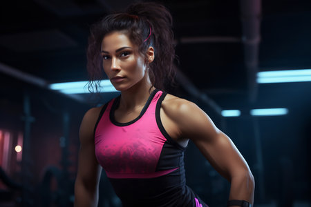 Fit woman pausing for a moment, adjusting her hair with a satisfied look post-workoutの素材