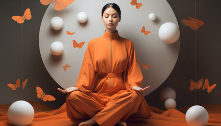 Person meditating with butterflies against a cloudy sky backdropの素材