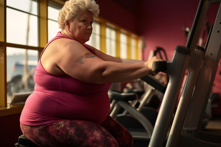 Exuberant plus-size woman laughing while energetically working out on an exercise machine at the gymの素材