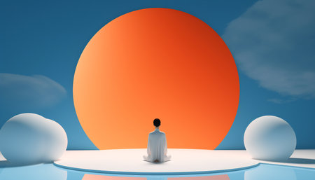 Individual in meditation amidst clouds and orbs at sunset.の素材