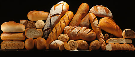 A still life composition of artisan bread varieties with wheat stalks on a dark table.の素材