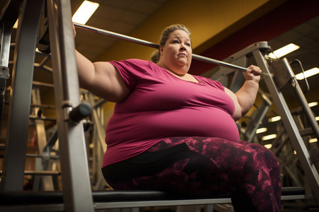 A dedicated plus-size woman in workout gear focuses on her gym routine on an exercise machine.の素材