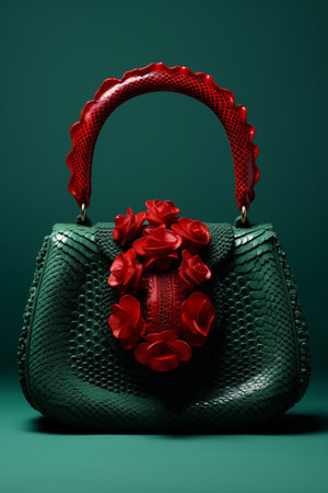A teal textured tote bag with red handles stands out against a red curtain.の素材