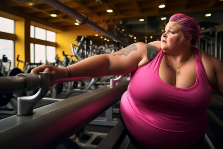 A plus-size woman with a look of inspiration as she works out on a exercise machine in a fitness centerの素材