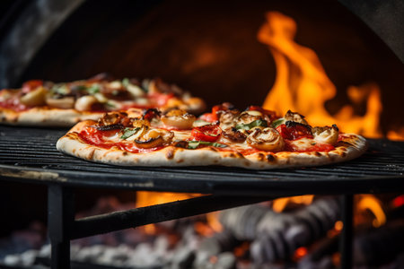 Freshly baked pepperoni pizza with melted cheese and charred crust, straight from the wood-fired ovenの素材
