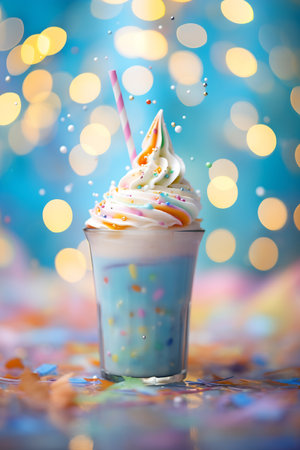 A whimsical blue milkshake topped with whipped cream and sprinkles, aglow with festive bokeh lightsの素材