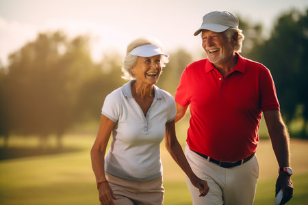 A smiling elderly couple holding hands while walking on a golf courseの素材