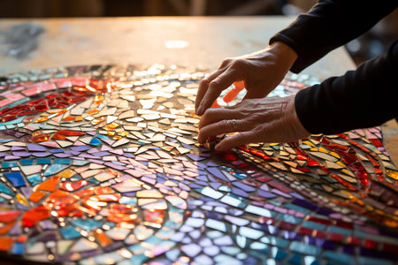 Artisan carefully assembling a mosaic piece with precision.の素材