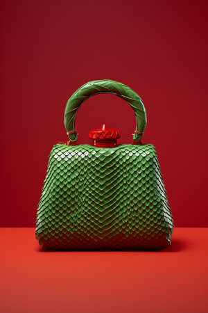 Emerald green woven handbag presented on a striking red background for a dramatic effectの素材