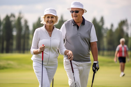 A senior man and woman with golf clubs walking on a sunny golf courseの素材