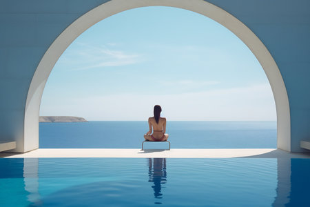 Woman in swimwear sitting at the edge of an infinity pool, looking out to the seaの素材