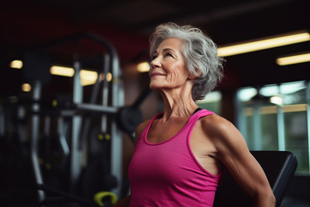 Smiling senior female working out on gym machineの素材