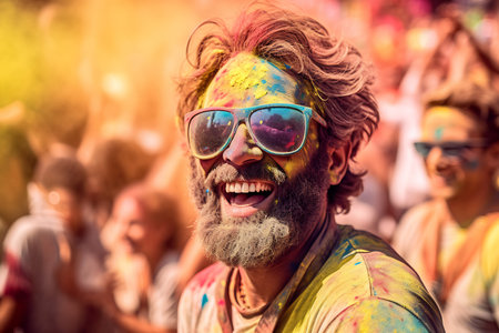 Man with vibrant Holi colors on his face, exuding joy.の素材