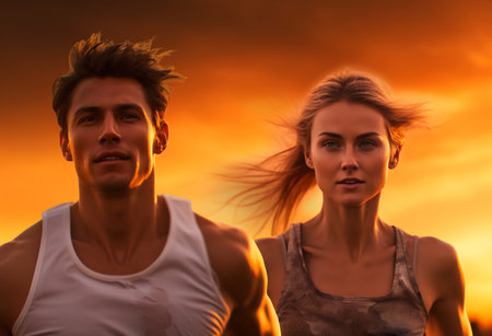 Euphoric couple running together at dusk.の素材