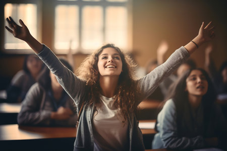 Teenage girl with arms uplifted in jubilation, surrounded by classmates, in a classroom bathed in beams of sunlightの素材