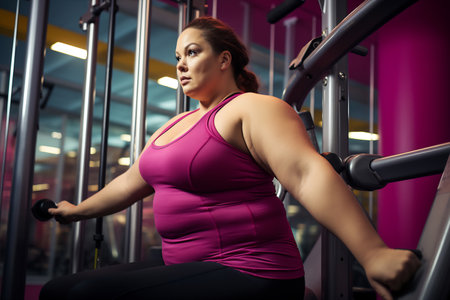 Exuberant plus-size woman laughing while energetically working out on an exercise machine at the gymの素材