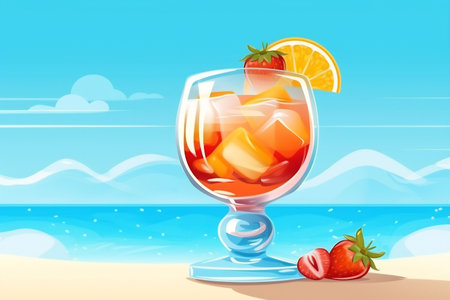Summer holidays illustration - cocktail on a beach against a sunny sunset seascape.の素材