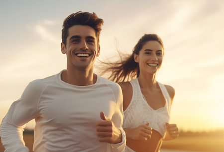 Smiling man and woman in sportswear jogging outdoors.の素材