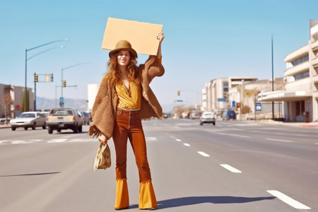 Young hippie woman hitchhiker stands on street and holds cardboard sign on sunny summer day. Lady went on trip alone, trying to stop passing car. Travel concept.の素材