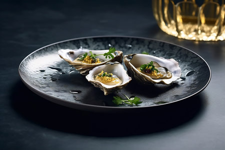 Big fresh oysters on a plate with ice.の素材