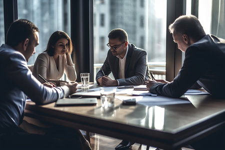 Group of professionals sharing a laugh in a business meeting.の素材