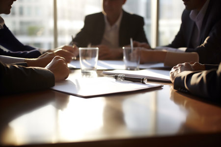 Group of professionals engaged in discussion with documents and digital devices at a wooden table.の素材