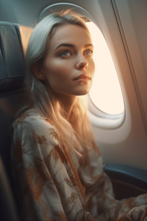 A young, fashionable woman gazes out of an airplane window, lost in thought.の素材