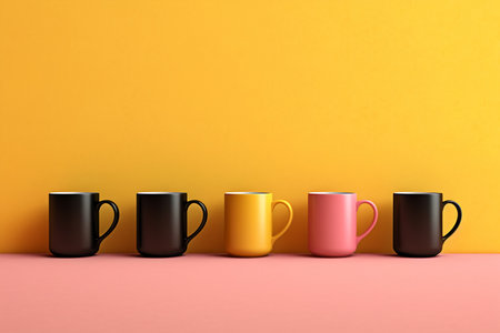 Set of coffee cups in pink yellow pastel color table. Top view.の素材