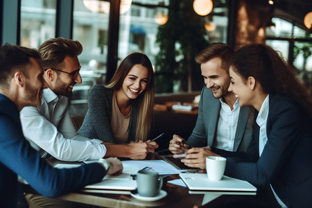 A lively group of professionals engaging in a cheerful business talk.の素材