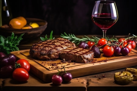 Succulent thick juicy portions of grilled fillet steak served with glass of wine, tomatoes and roast vegetables on an old wooden board.の素材