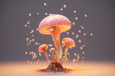 Imaginative depiction of glowing pink mushrooms in an underwater-like environment with floating particles.の素材