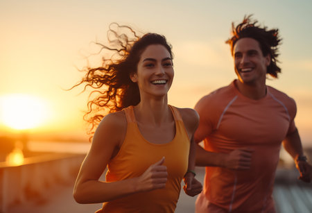 Cheerful young man and woman jogging in sunlightの素材