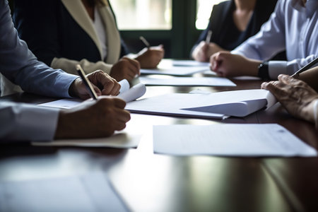 Business professionals reviewing and signing documents, focus on hands and pensの素材