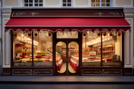 Quaint French bakery facade with awning and outdoor seatingの素材