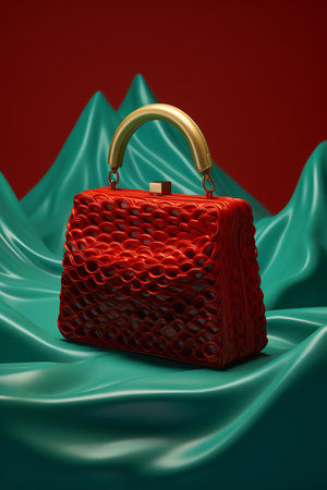 Ornamental red woven bag against a contrasting green and red backgroundの素材