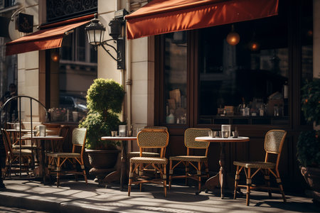 Sunlight filters through trees onto a picturesque French cafe, complete with vibrant flowers and classic bistro chairsの素材
