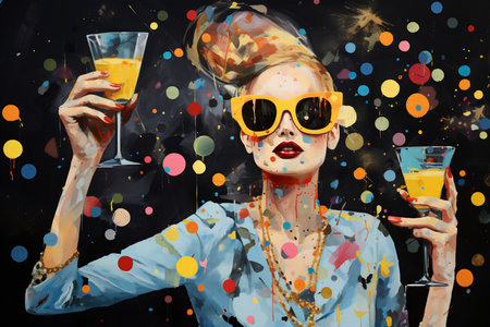 Glamorous woman in golden shades toasting with a citrus cocktail among festive confettiの素材