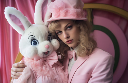 A woman in a pink bunny costume embraces a large plush rabbit against a pink background.の素材