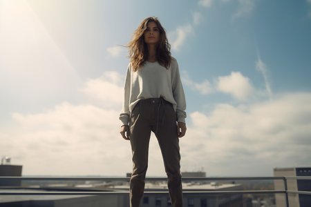 Contemporary woman in casual wear standing confidently on a rooftop with a clear sky backgroundの素材